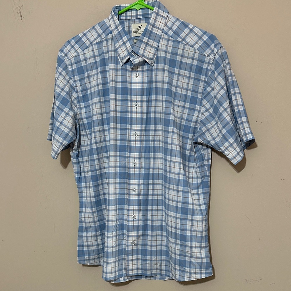 Men's Blue white and brown Plaid Button-Down short sleeved Shirt GenTeal